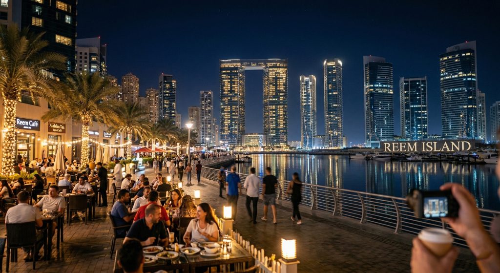 Ultra-realistic night view of Al Reem Island Abu Dhabi with illuminated skyscrapers, waterfront reflections, and people relaxing near cafes in a natural city lifestyle setting