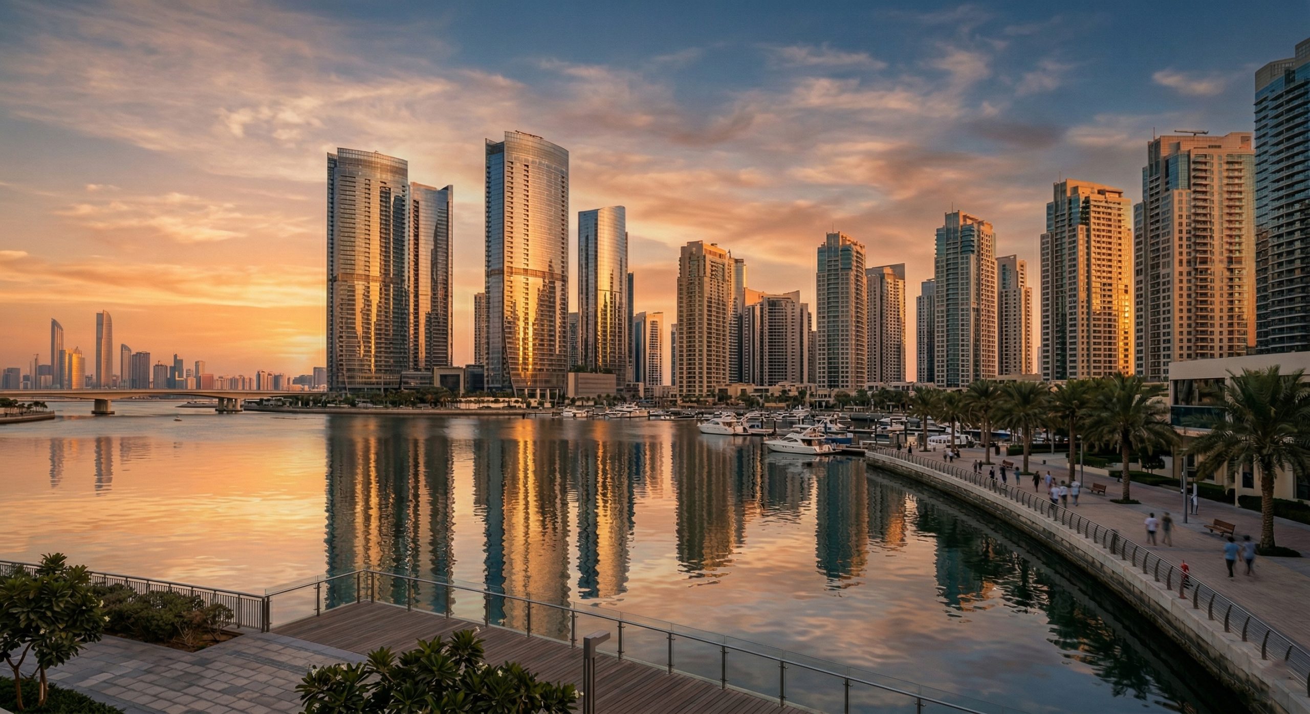 Wide-angle view of Al Reem Island Abu Dhabi skyline at golden hour with modern glass skyscrapers, warm sunlight reflections, and calm waterfront in a cinematic vlog-style shot