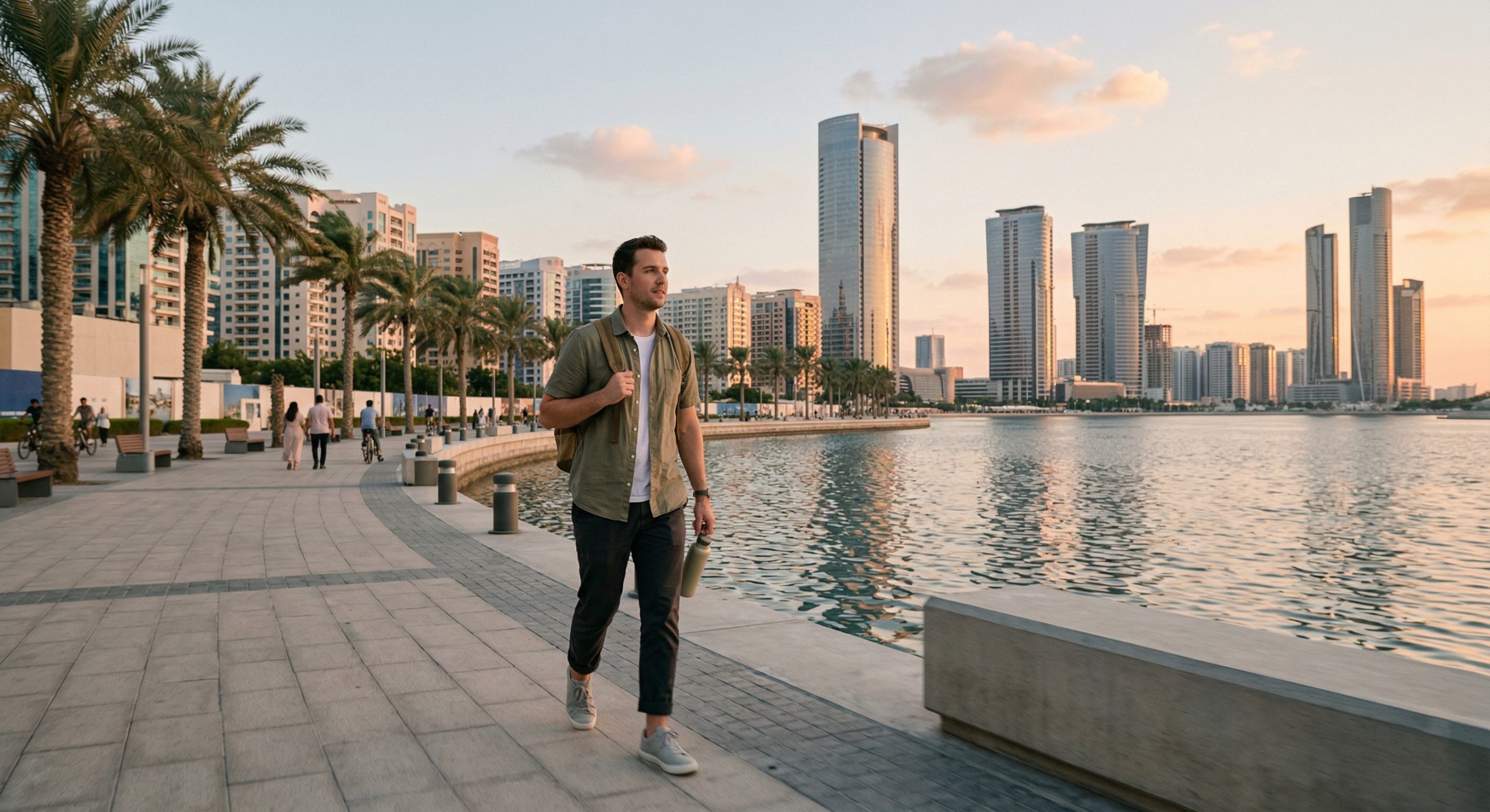 Man walking along Al Reem Island waterfront promenade with modern buildings, palm trees, and calm water during early evening in a natural vlog-style scene