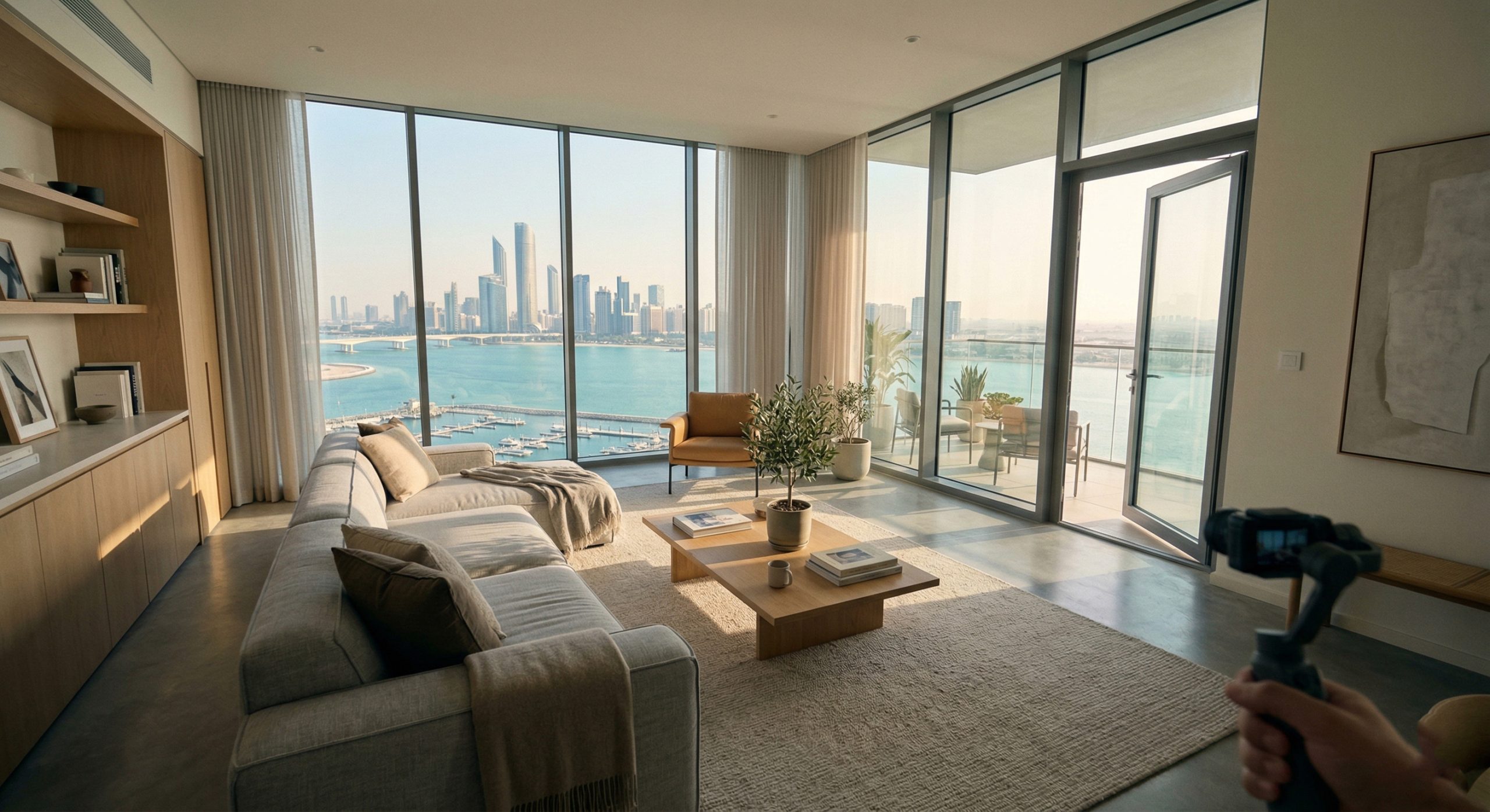 Modern luxury apartment interior in Al Reem Island Abu Dhabi with floor-to-ceiling windows, sea view, contemporary furniture, and natural daylight in a realistic living space